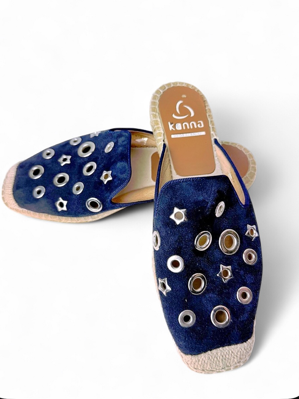 Kanna Navy Suede Slip-On Espadrille Mules with Silver Star Grommets